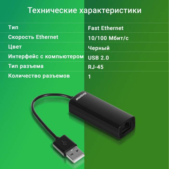 Сетевой адаптер Fast Ethernet Digma D-USB2-LAN100 — для бизнеса и офиса Сетевой адаптер Fast Ethernet Digma D-USB2-LAN100 — для бизнеса и офиса