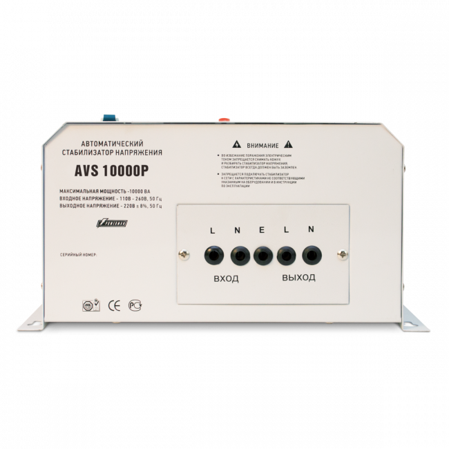 Стабилизатор POWERMAN AVS 10000P, ступенчатый регулятор, цифровые индикаторы уровней напряжения, 10000ВА, 110-260В, максимальный входной ток 63А, клеммная колодка, IP-20, навесной,  380мм х 310мм х 160мм, 16 кг. POWERMAN AVS 10000P
