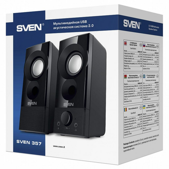 SVEN 357, чёрный, USB, акустическая система 2.0, мощность 2x3 Вт(RMS) SVEN 357 Black — для бизнеса и офиса
