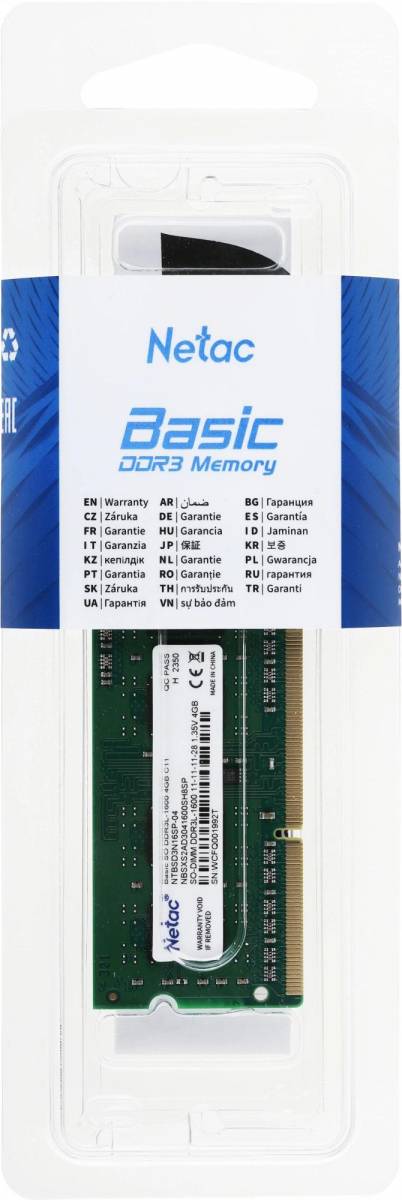 Память DDR3L 4Gb 1600MHz Netac NTBSD3N16SP-04 — для бизнеса и офиса Память DDR3L 4Gb 1600MHz Netac NTBSD3N16SP-04 — для бизнеса и офиса