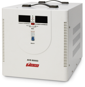 Стабилизатор POWERMAN AVS 8000D, ступенчатый регулятор, цифровые индикаторы уровней напряжения, 8000ВА, 140-260В, максимальный входной ток 40А, клеммная колодка, IP-20, напольный,  410мм х 280мм х 310мм, 13.5 кг. POWERMAN AVS 8000D