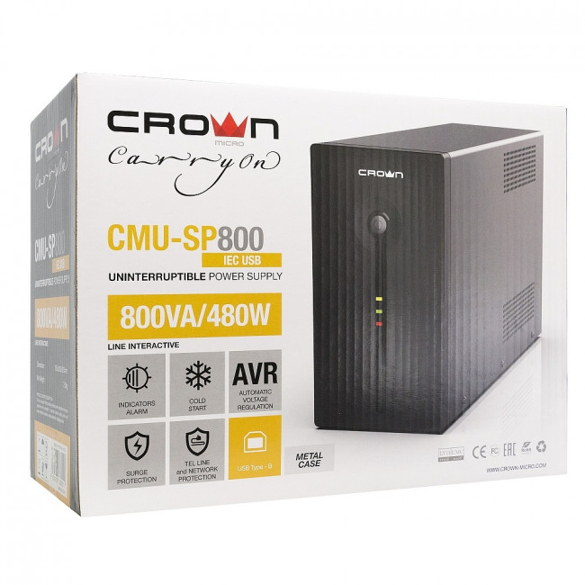 ИБП CROWN 800VA/480W, корпус металл, 1x12V/9AH, выходные розетки 8*IEC С13 + 1*IEC С13 bybass, трансформатор AVR 140-290V, cъёмный кабель 1.8 м, порт RJ-11/45, порт USB, защита батареи от полного разряда, от перегрузки, от КЗ, ПО Crown CMU-SP800IEC USB — для бизнеса и офиса ИБП CROWN 800VA/480W, корпус металл, 1x12V/9AH, выходные розетки 8*IEC С13 + 1*IEC С13 bybass, трансформатор AVR 140-290V, cъёмный кабель 1.8 м, порт RJ-11/45, порт USB, защита батареи от полного разряда, от перегрузки, от КЗ, ПО Crown CMU-SP800IEC USB — для бизнеса и офиса