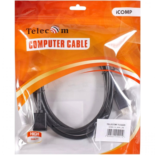 Кабель HDMI---HDMI ver 2.0 угловой коннектор 90град  2м,Telecom <TCG225-2M> Telecom TCG225-2M