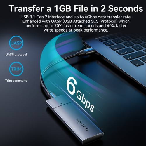 Корпус для SSD Vention USB 3.1 Gen 2-C M.2 NGFF (B-Key/B&M Key) Серый Vention KPFH0 — для бизнеса и офиса Корпус для SSD Vention USB 3.1 Gen 2-C M.2 NGFF (B-Key/B&M Key) Серый Vention KPFH0 — для бизнеса и офиса