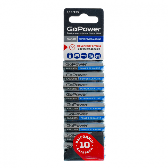 Батарейка GoPower LR03 AAA BL10 Alkaline 1.5V (10/60/360) блистер (10 шт.) Батарейка GoPower LR03 AAA (00-00019864)