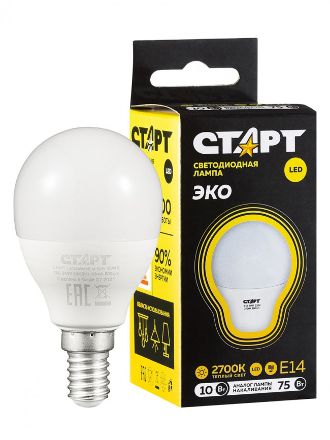 Лампа светодиодная СТАРТ шарик E14 10W 3000К Лампа светодиодная СТАРТ шарик E14 10W 3000К