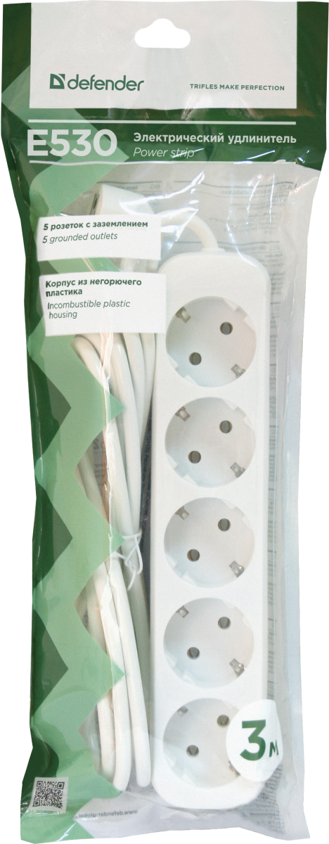 Удлинитель с заземлением Defender E530 3.0 м, 5 розеток (пакет) Defender E530 (3 м, 5 розеток)