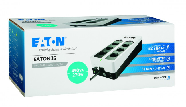 Резервный ИБП мощностью 450ВА, выходные разъемы DIN (Schuko) Eaton 3S 450 DIN — для бизнеса и офиса