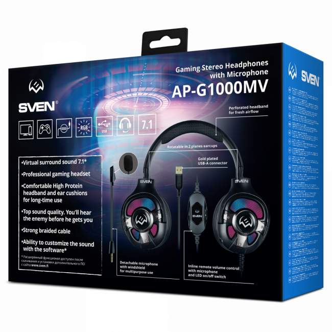 Игровые наушники с микрофоном SVEN AP-U1100MV, черный (USB, RGB, 7.1) SVEN AP-U1100MV SV-020828 — для бизнеса и офиса Игровые наушники с микрофоном SVEN AP-U1100MV, черный (USB, RGB, 7.1) SVEN AP-U1100MV SV-020828 — для бизнеса и офиса