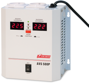 Стабилизатор POWERMAN AVS 500P, ступенчатый регулятор, цифровые индикаторы уровней напряжения, 500ВА, 110-260В, максимальный входной ток 5А, 2 евророзетки, IP-20, навесной,   185мм х 170мм х 100мм, 2,5 кг. POWERMAN AVS 500P