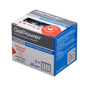 Батарейка GoPower LR03 AAA Shrink 4 Alkaline 1.5V (4/20/640) коробка (20 шт.) Батарейка GoPower LR03 AAA (00-00017749)