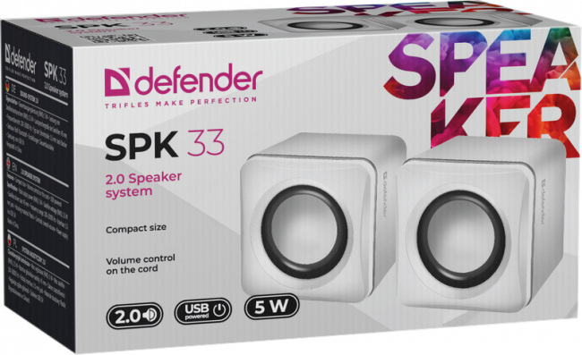 Defender#1 Акустическая 2.0 система SPK 33 белый, 5 Вт, питание от USB Defender SPK 33 (65631)