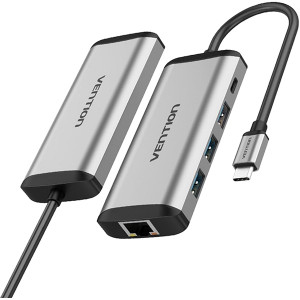 Сетевой адаптер Vention USB-C M/ Gigabit Ethernet RJ45 F/OTG хаб 3xUSB 3.0/PD Адаптер Vention USB 3.1 M/USB 3.0 F x 3/RJ45 F/USB Type C F (TGDHB)