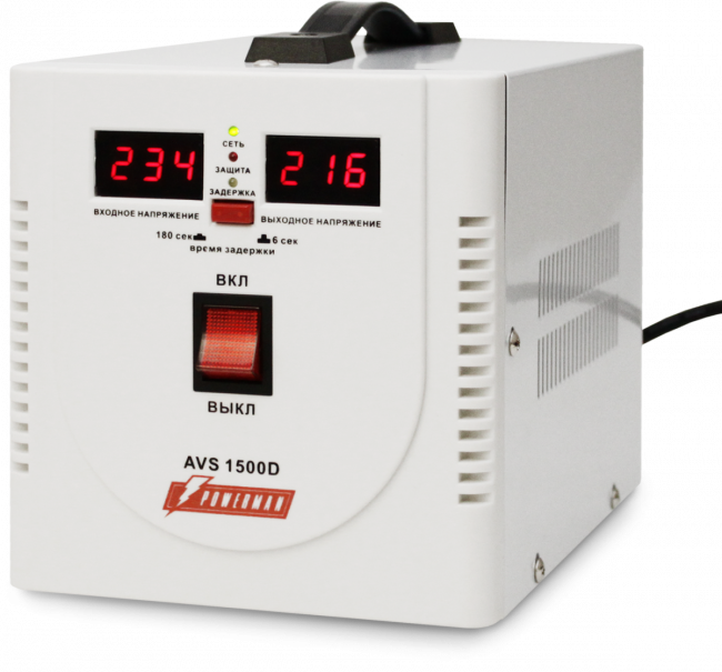 Стабилизатор POWERMAN AVS 1500D, ступенчатый регулятор, цифровые индикаторы уровней напряжения, 1500ВА, 140-260В, максимальный входной ток 10А, 2 евророзетки, IP-20, напольный,  200мм х 160мм х 190мм, 4 кг. POWERMAN AVS 1500D