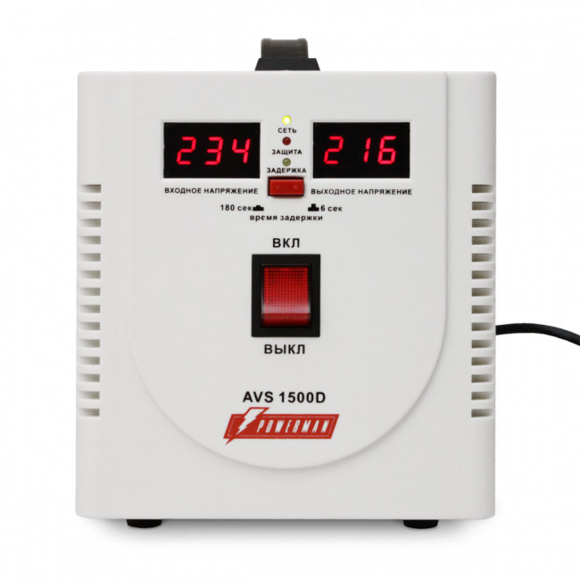 Стабилизатор POWERMAN AVS 1500D, ступенчатый регулятор, цифровые индикаторы уровней напряжения, 1500ВА, 140-260В, максимальный входной ток 10А, 2 евророзетки, IP-20, напольный,  200мм х 160мм х 190мм, 4 кг. POWERMAN AVS 1500D