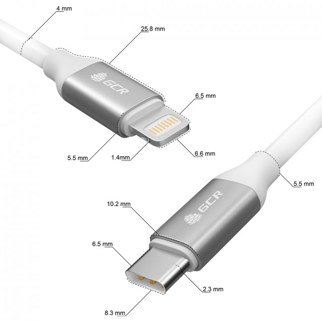 GCR Кабель 0.5m TypeC/Lightning MFI POWER DELIVERY 18 W, быстрая зарядка, белый силикон, AL корпус серебро, белый ПВХ, GCR-52359 Greenconnect USB 2.0 Type-C (m) - Lightning (m) 0.5м — для бизнеса и офиса