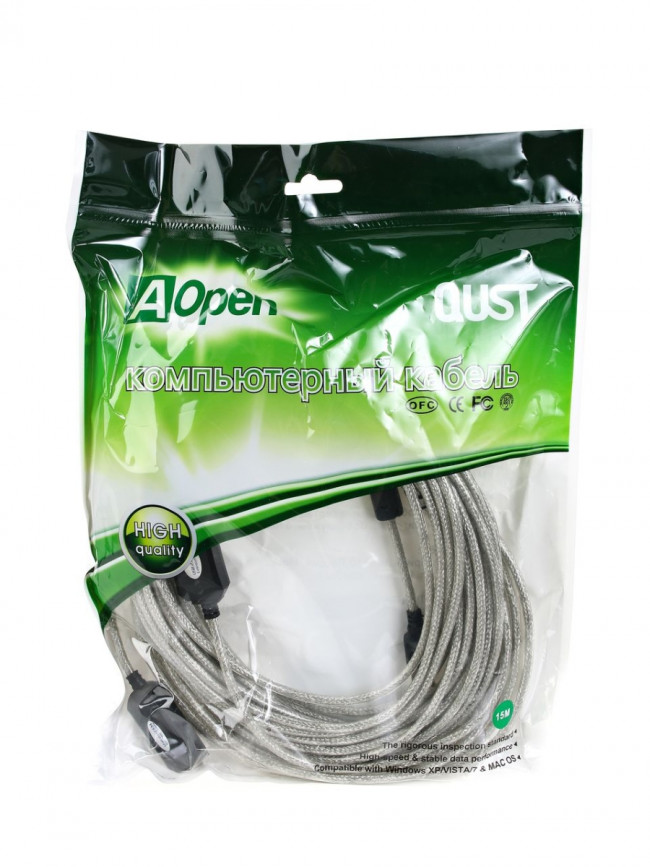 Кабель-адаптер USB2.0-repeater, удлинительный активный <Am-->Af> 15м Aopen/Qust <ACU823-15M> AOpen USB 2.0 Type-AM - USB 2.0 Type-AF 15м