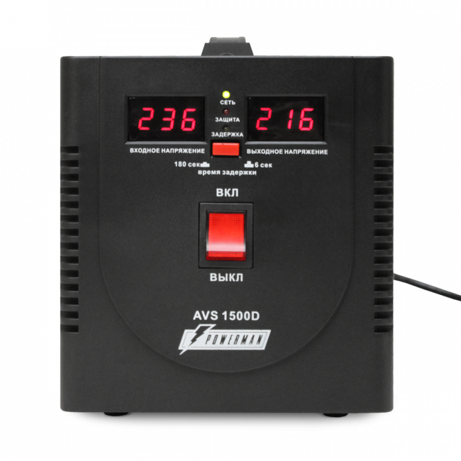 Стабилизатор POWERMAN AVS 1500D, черный, ступенчатый регулятор, цифровые индикаторы уровней напряжения, 1500ВА, 140-260В, максимальный входной ток 10А, 2 евророзетки, IP-20, напольный,  200мм х 160мм х 190мм, 4 кг. POWERMAN AVS 1500D