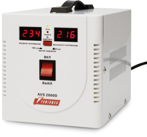 Стабилизатор POWERMAN AVS 2000D, ступенчатый регулятор, цифровые индикаторы уровней напряжения, 2000ВА, 140-260В, максимальный входной ток 12А, 2 евророзетки, IP-20, напольный,  200мм х 160мм х 190мм, 4.9 кг. POWERMAN AVS 2000D