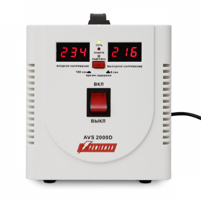 Стабилизатор POWERMAN AVS 2000D, ступенчатый регулятор, цифровые индикаторы уровней напряжения, 2000ВА, 140-260В, максимальный входной ток 12А, 2 евророзетки, IP-20, напольный,  200мм х 160мм х 190мм, 4.9 кг. POWERMAN AVS 2000D