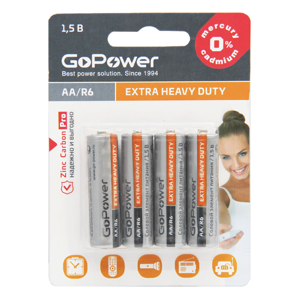 Батарейка GoPower R6 AA BL4 Heavy Duty 1.5V (4/48/576) блистер (4 шт.) Батарейка GoPower R6 AA (00-00015594) Батарейка GoPower R6 AA BL4 Heavy Duty 1.5V (4/48/576) блистер (4 шт.) Батарейка GoPower R6 AA (00-00015594)