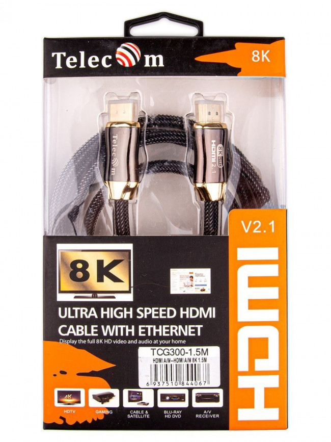 Кабель HDMI 19M/M,ver. 2.1, 8K@60 Hz 1m метал разъемы, нейлоновая оплетка Telecom <TCG300-1M> Telecom HDMI (m) - HDMI (m) 1м
