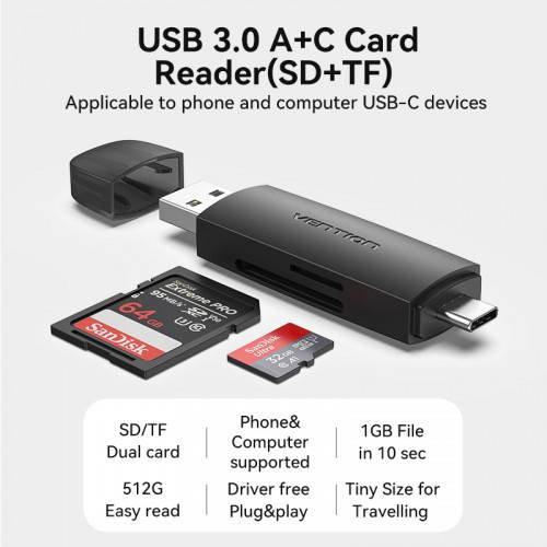 Картридер Vention USB 3.0 A+C (SD+TF) Черный Vention CLKB0 — для бизнеса и офиса