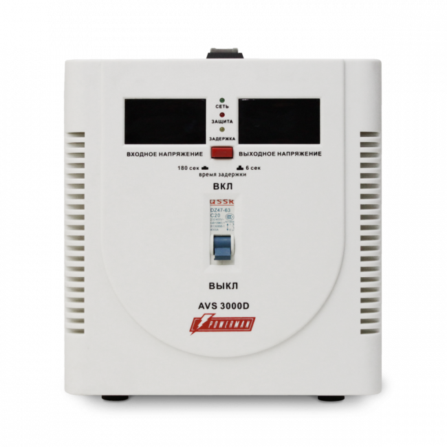 Стабилизатор POWERMAN AVS 3000D, ступенчатый регулятор, цифровые индикаторы уровней напряжения, 3000ВА, 140-260В, максимальный входной ток 20А, клеммная колодка, IP-20, напольный,  280мм х 200мм х 225мм, 6.8 кг. POWERMAN AVS 3000D