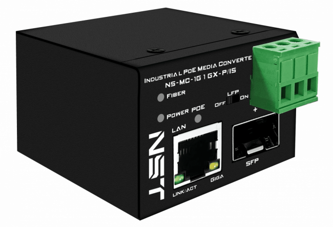 Промышленный компактный Ultra PoE медиаконвертер Gigabit Ethernet New System Technologies NS-MC-1G1GX-P/IS — для бизнеса и офиса