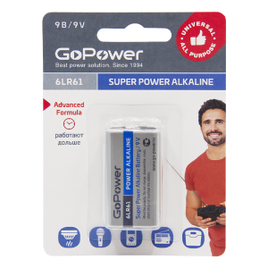 Батарейка GoPower Крона 6LR61 BL1 Alkaline 9V (1/10/240) (1 шт.) Батарейка GoPower Крона 6LR61 (00-00017863)