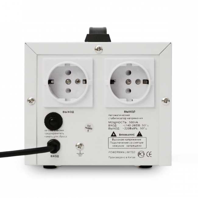 Стабилизатор POWERMAN AVS 500D, ступенчатый регулятор, цифровые индикаторы уровней напряжения, 500ВА, 140-260В, максимальный входной ток 5А, 2 евророзетки, IP-20, напольный,  200мм х 150мм х 140мм, 2,3 кг. POWERMAN AVS 500D