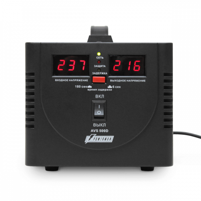 Стабилизатор POWERMAN AVS 500D, черный, ступенчатый регулятор, цифровые индикаторы уровней напряжения, 500ВА, 140-260В, максимальный входной ток 5А, 2 евророзетки, IP-20, напольный,  200мм х 150мм х 140мм, 2,3 кг. POWERMAN AVS 500D
