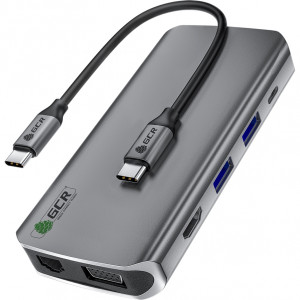 GCR TypeC Hub 10 в 1 HDMI + VGA + RJ45 + USB3.0 x3 + Card Reader + Audio + TypeC PD Адаптер-переходник Greenconnect Type C/RJ45+HDMI+VGA+USB3.0+Type C+Card Reader (GCR-VHUSDA45)