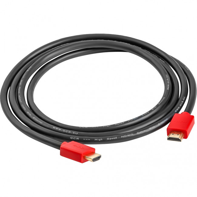 GCR Кабель 3.0m HDMI версия 1.4, черный, красные коннекторы, OD7.3mm, 30/30 AWG, позолоченные контакты, Ethernet 10.2 Гбит/с, 3D, 4K GCR-HM450-3.0m, экран Greenconnect GCR-HM450-3.0m