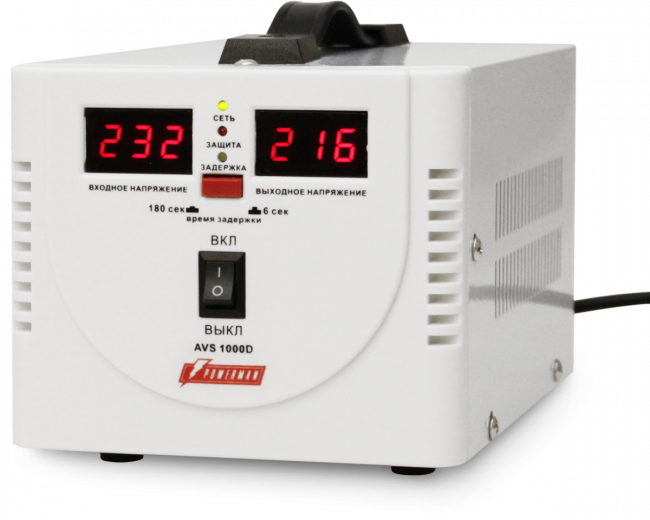 Стабилизатор POWERMAN AVS 1000D, ступенчатый регулятор, цифровые индикаторы уровней напряжения, 1000ВА, 140-260В, максимальный входной ток 7А, 2 евророзетки, IP-20, напольный,  200мм х 150мм х 140мм, 2,3 кг. POWERMAN AVS 1000D