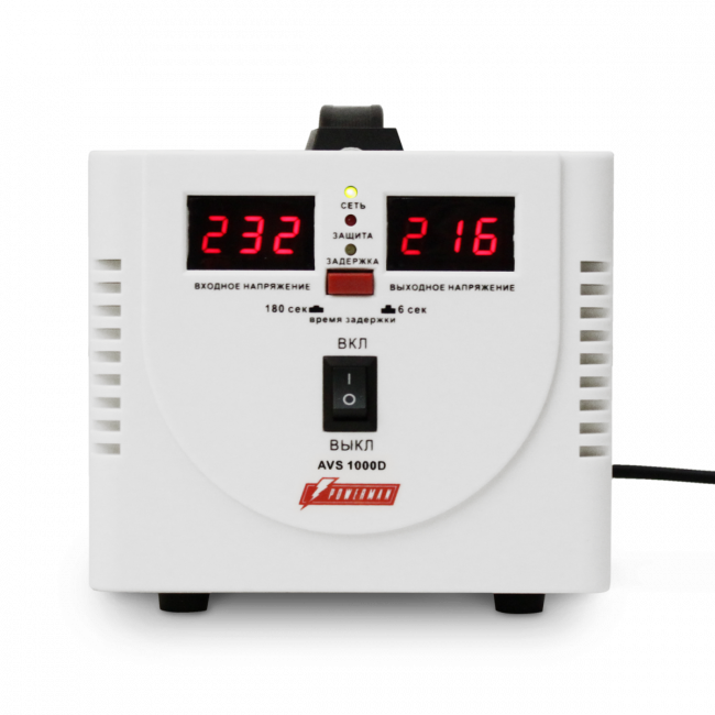 Стабилизатор POWERMAN AVS 1000D, ступенчатый регулятор, цифровые индикаторы уровней напряжения, 1000ВА, 140-260В, максимальный входной ток 7А, 2 евророзетки, IP-20, напольный,  200мм х 150мм х 140мм, 2,3 кг. POWERMAN AVS 1000D
