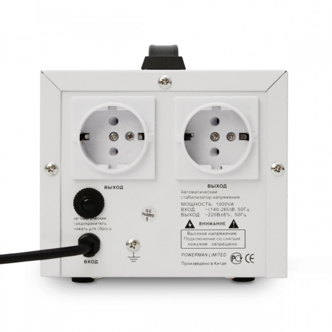 Стабилизатор POWERMAN AVS 1000D, ступенчатый регулятор, цифровые индикаторы уровней напряжения, 1000ВА, 140-260В, максимальный входной ток 7А, 2 евророзетки, IP-20, напольный,  200мм х 150мм х 140мм, 2,3 кг. POWERMAN AVS 1000D