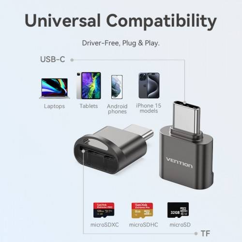 Картридер Vention OTG USB 2.0 CM / MicroSD - Серый Vention CLMH0 — для бизнеса и офиса Картридер Vention OTG USB 2.0 CM / MicroSD - Серый Vention CLMH0 — для бизнеса и офиса