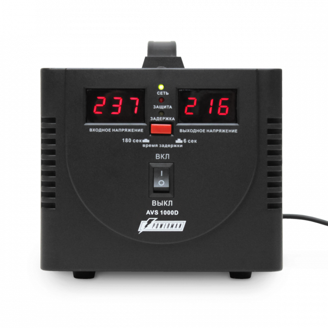 Стабилизатор POWERMAN AVS 1000D, черный, ступенчатый регулятор, цифровые индикаторы уровней напряжения, 1000ВА, 140-260В, максимальный входной ток 7А, 2 евророзетки, IP-20, напольный, 200мм х 150мм х 140мм, 2,3 кг. POWERMAN AVS 1000D Стабилизатор POWERMAN AVS 1000D, черный, ступенчатый регулятор, цифровые индикаторы уровней напряжения, 1000ВА, 140-260В, максимальный входной ток 7А, 2 евророзетки, IP-20, напольный, 200мм х 150мм х 140мм, 2,3 кг. POWERMAN AVS 1000D