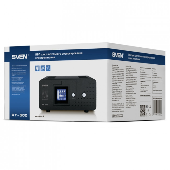 ИБП SVEN RT-500, линейно-интерактивный непрерывного действия с длительным временем резервирования, автоматический стабилизатор напряжения, 300Вт, 500Ва, 1 евророзетка, аккумуляторные батареи в комплект не входят, 300мм?270мм?140мм, 5.66 кг SVEN RT-500 ИБП SVEN RT-500, линейно-интерактивный непрерывного действия с длительным временем резервирования, автоматический стабилизатор напряжения, 300Вт, 500Ва, 1 евророзетка, аккумуляторные батареи в комплект не входят, 300мм?270мм?140мм, 5.66 кг SVEN RT-500