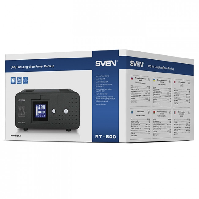 ИБП SVEN RT-500, линейно-интерактивный непрерывного действия с длительным временем резервирования, автоматический стабилизатор напряжения, 300Вт, 500Ва, 1 евророзетка, аккумуляторные батареи в комплект не входят, 300мм?270мм?140мм, 5.66 кг SVEN RT-500 ИБП SVEN RT-500, линейно-интерактивный непрерывного действия с длительным временем резервирования, автоматический стабилизатор напряжения, 300Вт, 500Ва, 1 евророзетка, аккумуляторные батареи в комплект не входят, 300мм?270мм?140мм, 5.66 кг SVEN RT-500