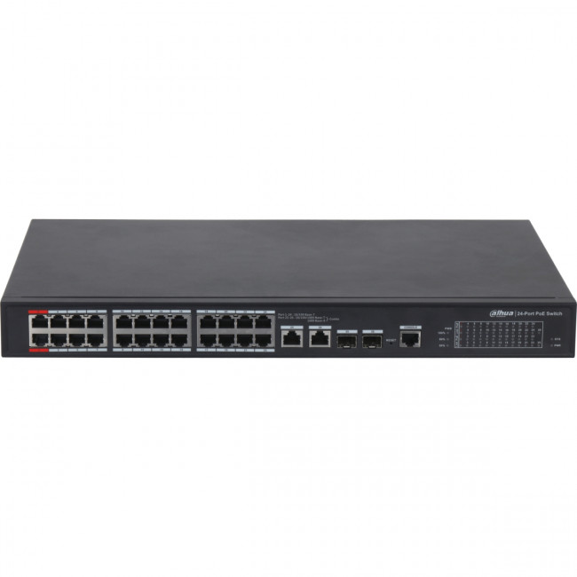 2xCombo 1000 Base-T/SFP  24x 10/100 Base-T（Hi-PoE/PoE+/PoE）IEEE802.3af/IEEE802.3at/Hi-PoE Мощность PoE 360Вт Размеры: 440мм×300мм×44мм Dahua DH-PFS4226-24ET-360 — для бизнеса и офиса