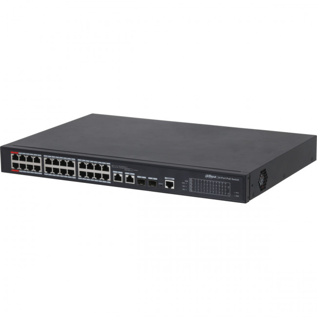 2xCombo 1000 Base-T/SFP  24x 10/100 Base-T（Hi-PoE/PoE+/PoE）IEEE802.3af/IEEE802.3at/Hi-PoE Мощность PoE 360Вт Размеры: 440мм×300мм×44мм Dahua DH-PFS4226-24ET-360 — для бизнеса и офиса