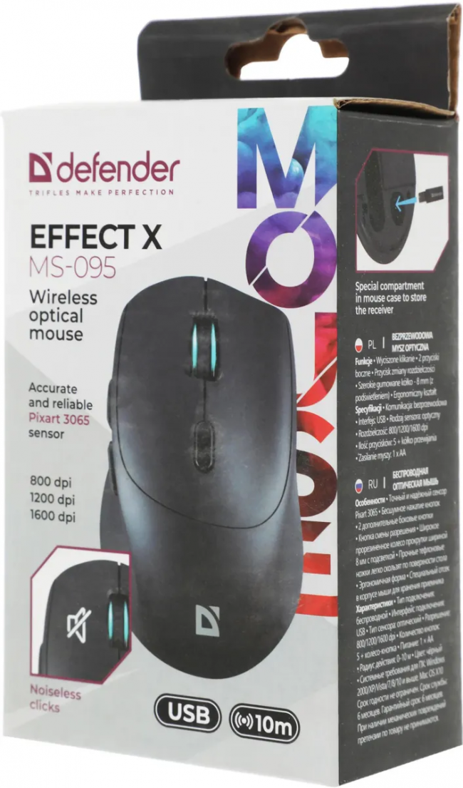 Defender Беспроводная оптическая мышь Effect X MS-095 черный,6D,800-1600dpi,бесшумн Defender 52095 — для бизнеса и офиса