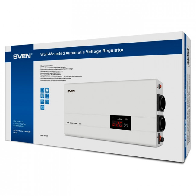 Стабилизатор SVEN AVR SLIM-2000 LCD, релейный, 1200вт, 2000Ва, 140-260в, функция «пауза», 1 евророзетка, 2.9 кг. SVEN AVR SLIM-2000 LCD