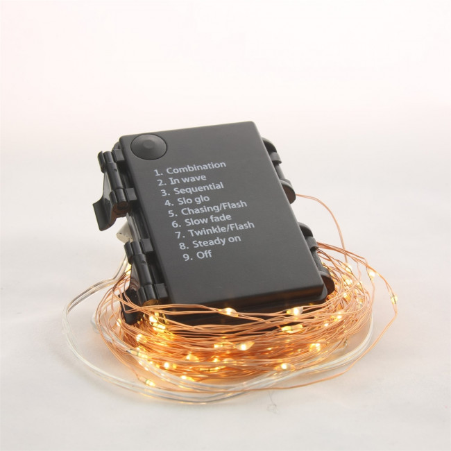 Гирлянда Гирлянда 100LED 3АА, 8 режимов, 10 м, медь, теплый белый