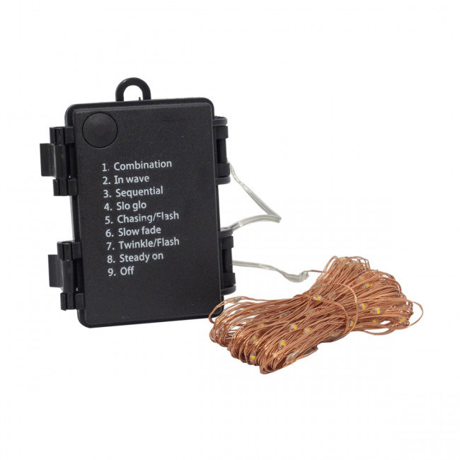 Гирлянда Гирлянда 100LED 3АА, 8 режимов, 10 м, медь, теплый белый