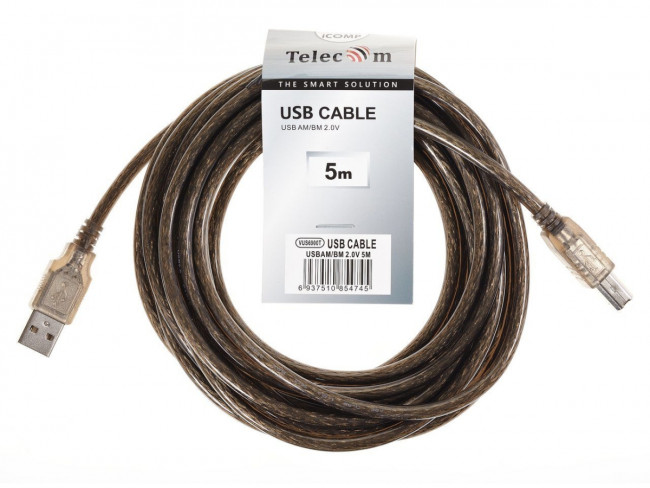 Кабель USB2.0 AM/BM 5m прозрачная изоляция Telecom (VUS6900T-5M) Telecom USB 2.0 Type-AM - USB 2.0 Type-BM 5м