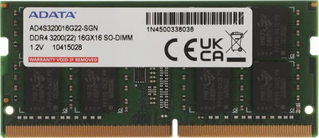 Память DDR4 16Gb 3200MHz ADATA AD4S320016G22-SGN — для бизнеса и офиса Память DDR4 16Gb 3200MHz ADATA AD4S320016G22-SGN — для бизнеса и офиса