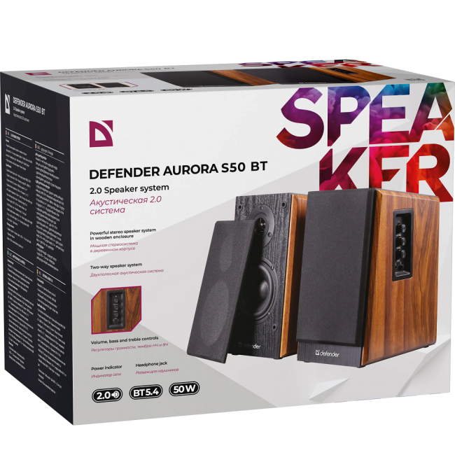 Defender Акустическая 2.0 система Aurora S50 BT 50Вт, bluetooth, 230В Defender 65151 — для бизнеса и офиса Defender Акустическая 2.0 система Aurora S50 BT 50Вт, bluetooth, 230В Defender 65151 — для бизнеса и офиса